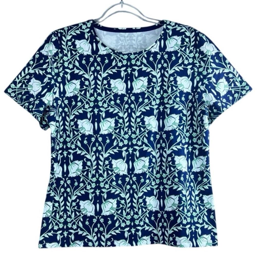 Talbots Blue Green Floral Print Tee Petite XL Cotton Stretch Short Sleeve